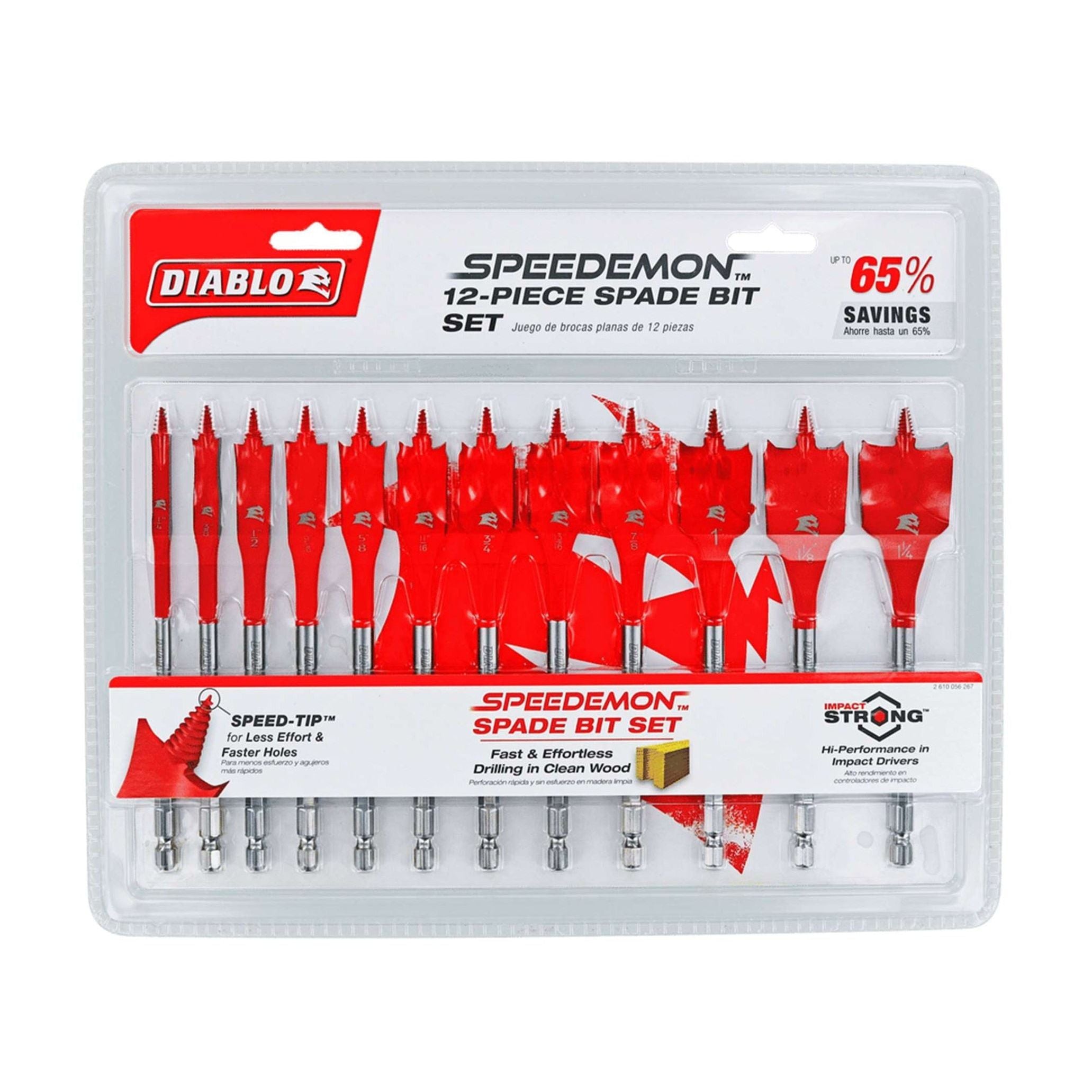 The DIABLO DSP2950-S12 Spade Bit Set by Diablo includes 12 red Impact Strong™ spade bits in a plastic case, showcasing 65% savings and the 12-piece SPEED-TIP™ set prominently on the packaging.